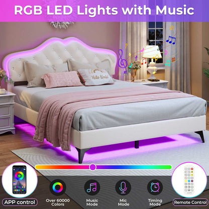 ADORNEVE Bed Frame Full size with RGB Lights and Adjustable Headboard Girls Princess Bed Frame with Velvet Upholstered and Solid Wooden Slats