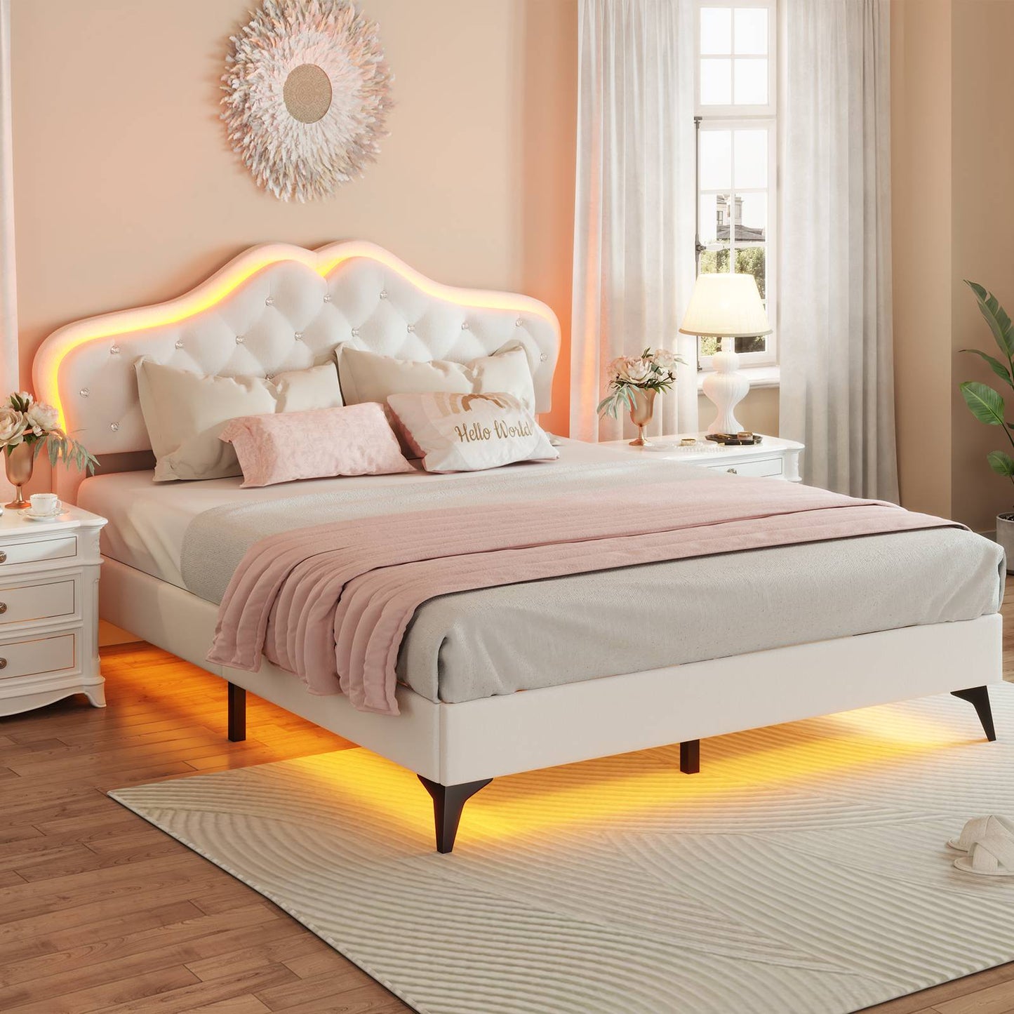 ADORNEVE Bed Frame Full size with RGB Lights and Adjustable Headboard Girls Princess Bed Frame with Velvet Upholstered and Solid Wooden Slats