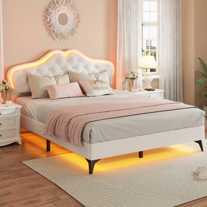 ADORNEVE Bed Frame Full size with RGB Lights and Adjustable Headboard Girls Princess Bed Frame with Velvet Upholstered and Solid Wooden Slats
