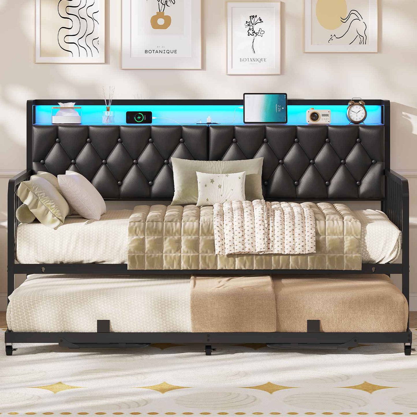 ADORNEVE Daybed with Trundle and Storage Headboard Metal Twin to King Daybed with Charging Station LED Lights and Upholstered