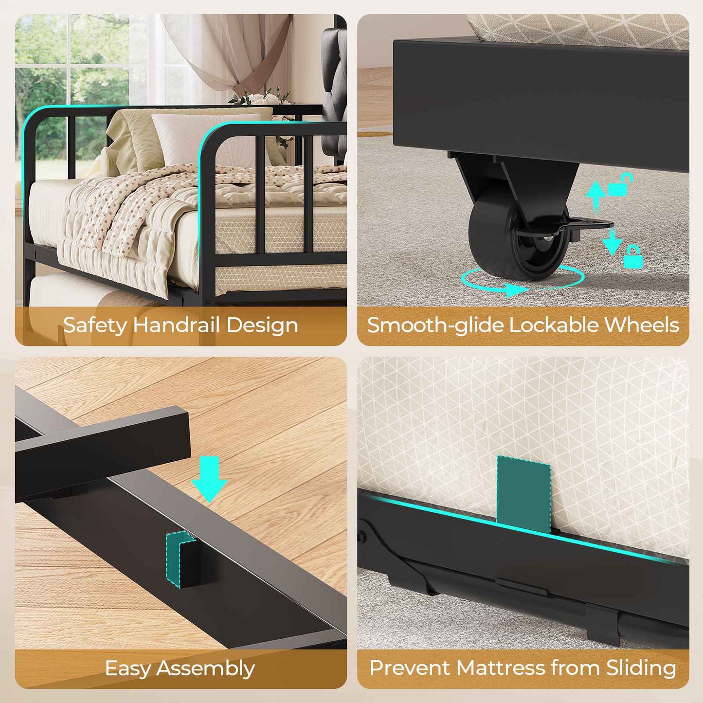 ADORNEVE Daybed with Trundle and Storage Headboard Metal Twin to King Daybed with Charging Station LED Lights and Upholstered