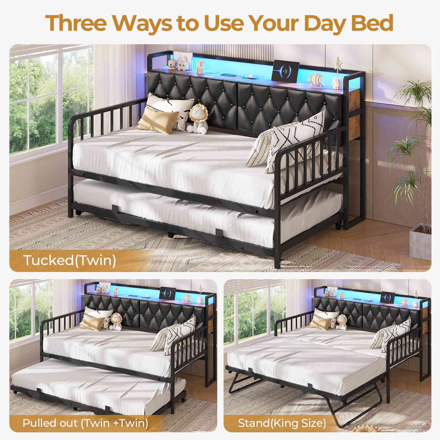 ADORNEVE Daybed with Trundle and Storage Headboard Metal Twin to King Daybed with Charging Station LED Lights and Upholstered