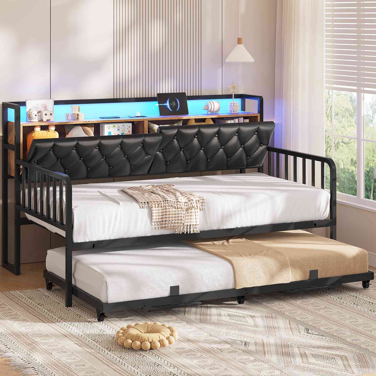 ADORNEVE Daybed with Trundle and Storage Headboard Metal Twin to King Daybed with Charging Station LED Lights and Upholstered