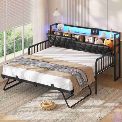 ADORNEVE Daybed with Trundle and Storage Headboard Metal Twin to King Daybed with Charging Station LED Lights and Upholstered
