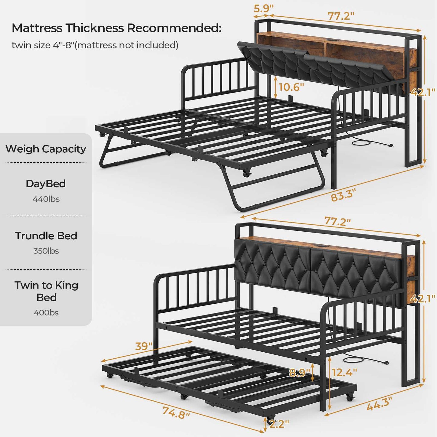 ADORNEVE Daybed with Trundle and Storage Headboard Metal Twin to King Daybed with Charging Station LED Lights and Upholstered