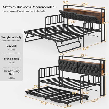 ADORNEVE Daybed with Trundle and Storage Headboard Metal Twin to King Daybed with Charging Station LED Lights and Upholstered