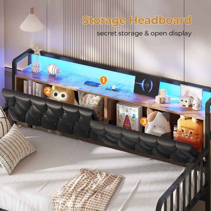 ADORNEVE Daybed with Trundle and Storage Headboard Metal Twin to King Daybed with Charging Station LED Lights and Upholstered