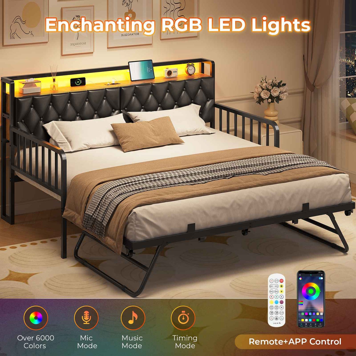 ADORNEVE Daybed with Trundle and Storage Headboard Metal Twin to King Daybed with Charging Station LED Lights and Upholstered
