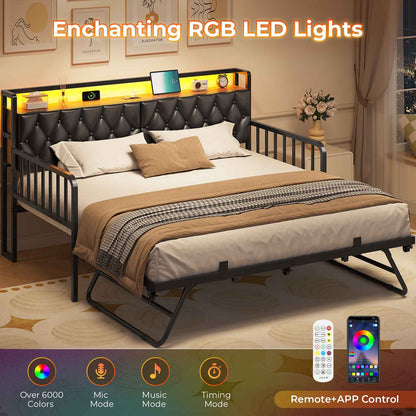 ADORNEVE Daybed with Trundle and Storage Headboard Metal Twin to King Daybed with Charging Station LED Lights and Upholstered