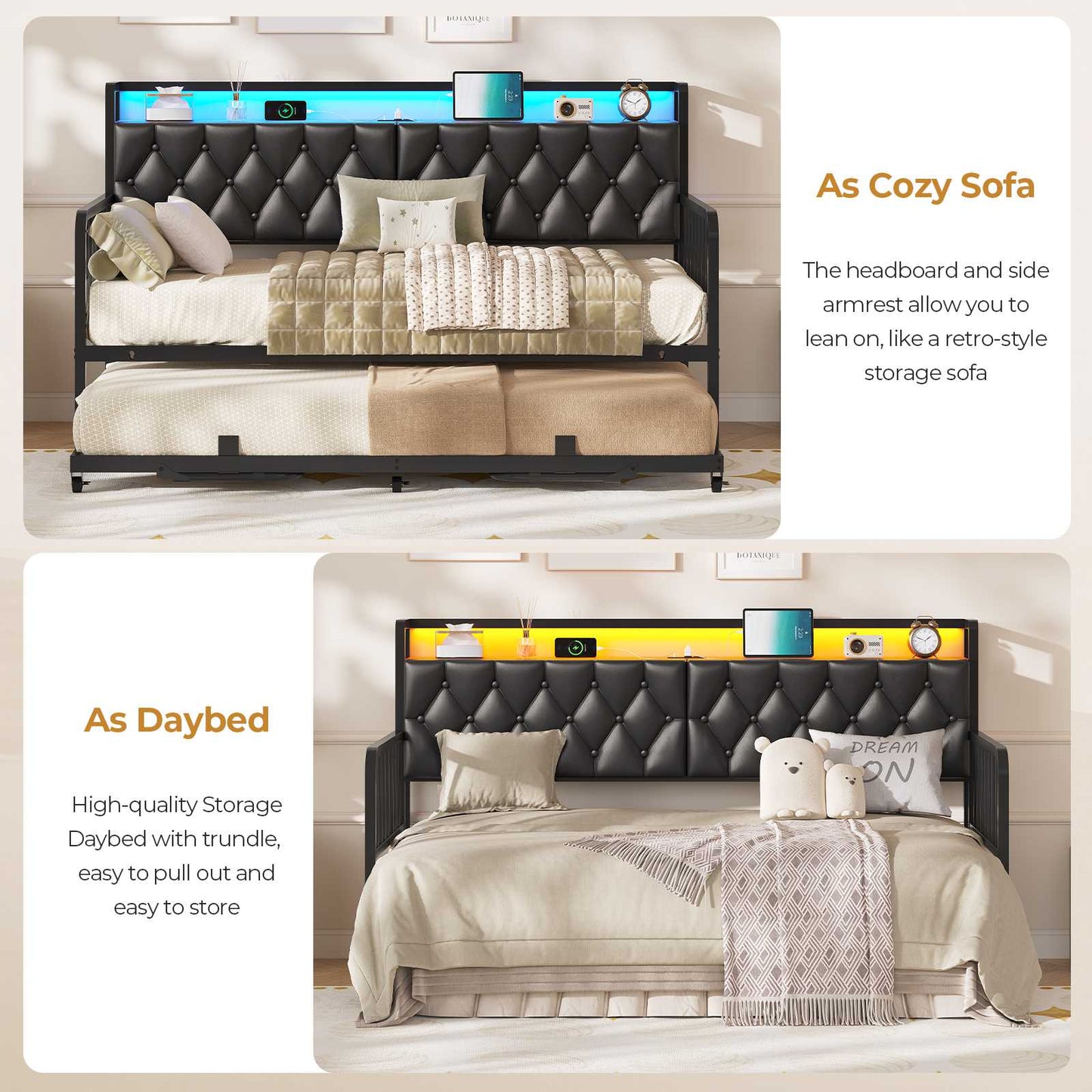 ADORNEVE Daybed with Trundle and Storage Headboard Metal Twin to King Daybed with Charging Station LED Lights and Upholstered