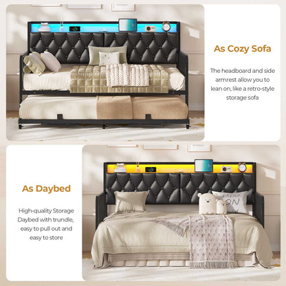 ADORNEVE Daybed with Trundle and Storage Headboard Metal Twin to King Daybed with Charging Station LED Lights and Upholstered