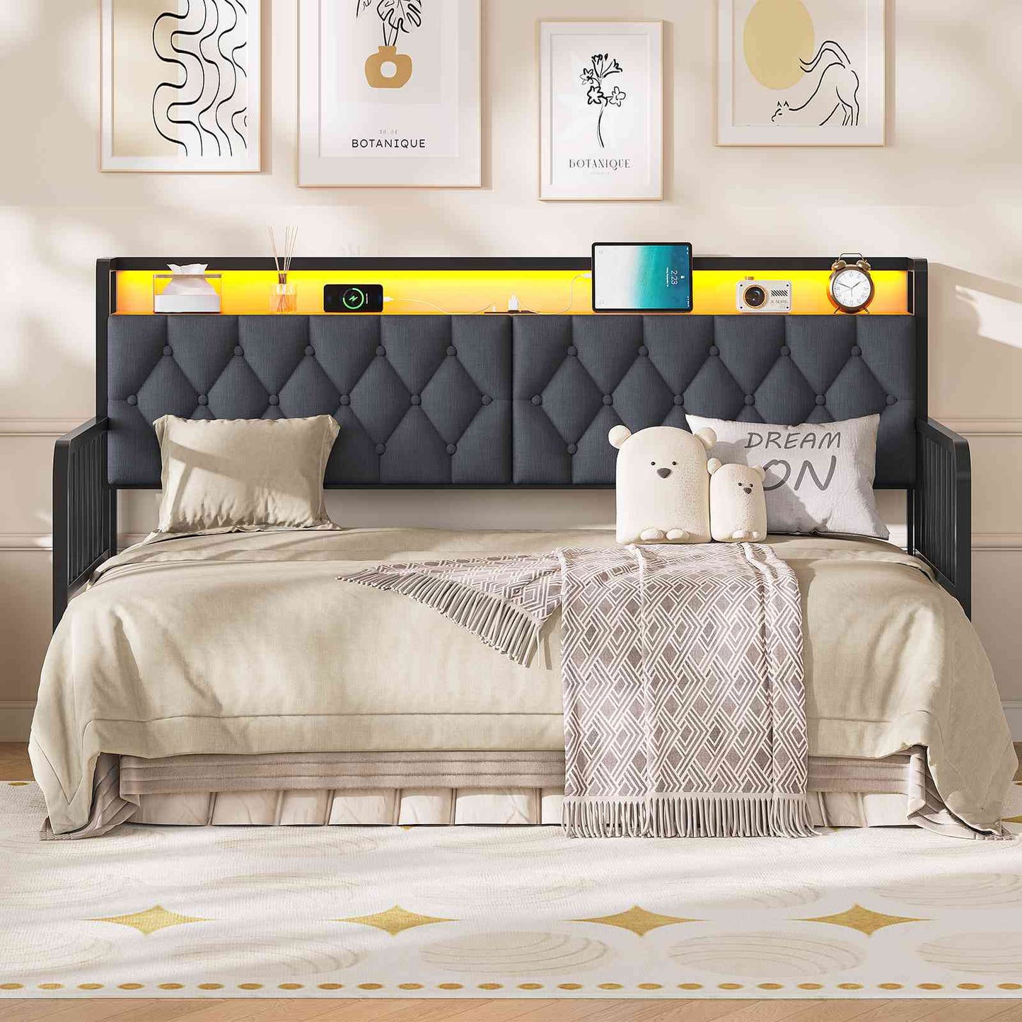 ADORNEVE Daybed with Trundle and Storage Headboard Metal Twin to King Daybed with Charging Station LED Lights and Upholstered