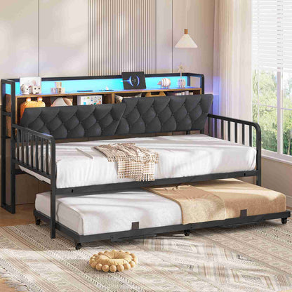 ADORNEVE Daybed with Trundle and Storage Headboard Metal Twin to King Daybed with Charging Station LED Lights and Upholstered