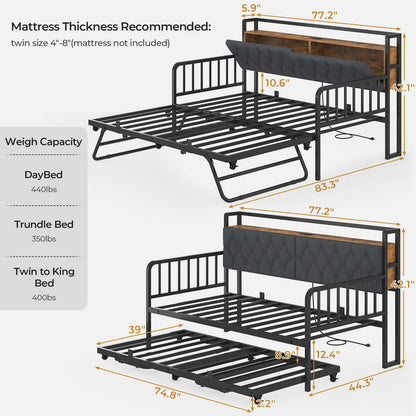 ADORNEVE Daybed with Trundle and Storage Headboard Metal Twin to King Daybed with Charging Station LED Lights and Upholstered