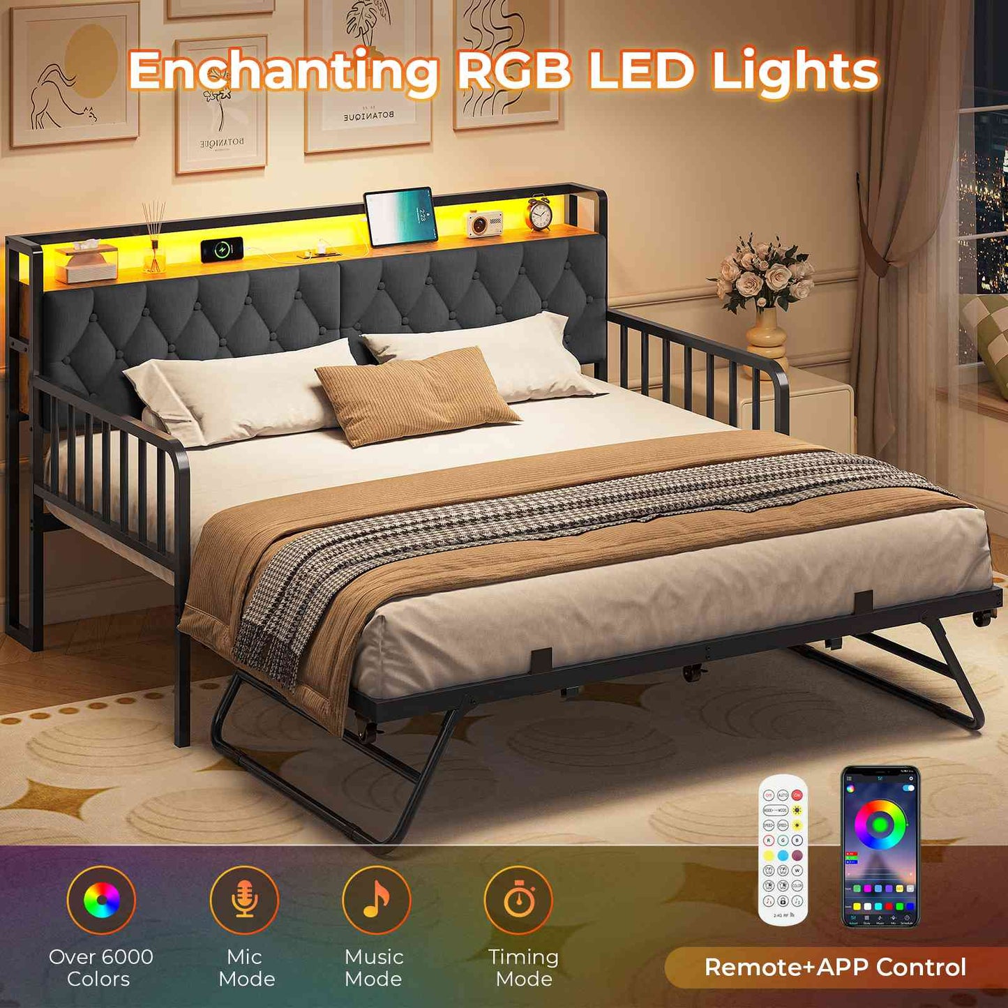 ADORNEVE Daybed with Trundle and Storage Headboard Metal Twin to King Daybed with Charging Station LED Lights and Upholstered
