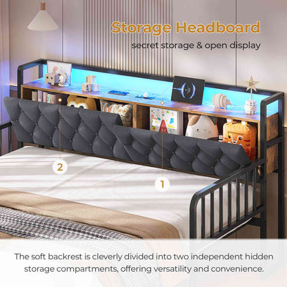 ADORNEVE Daybed with Trundle and Storage Headboard Metal Twin to King Daybed with Charging Station LED Lights and Upholstered