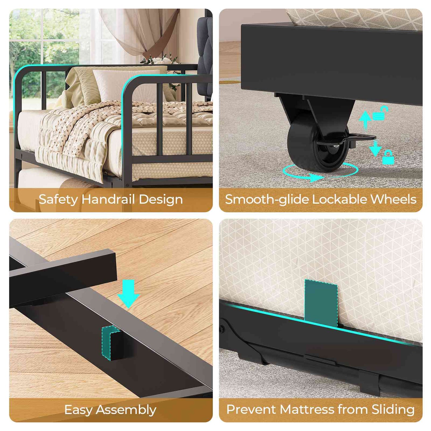 ADORNEVE Daybed with Trundle and Storage Headboard Metal Twin to King Daybed with Charging Station LED Lights and Upholstered
