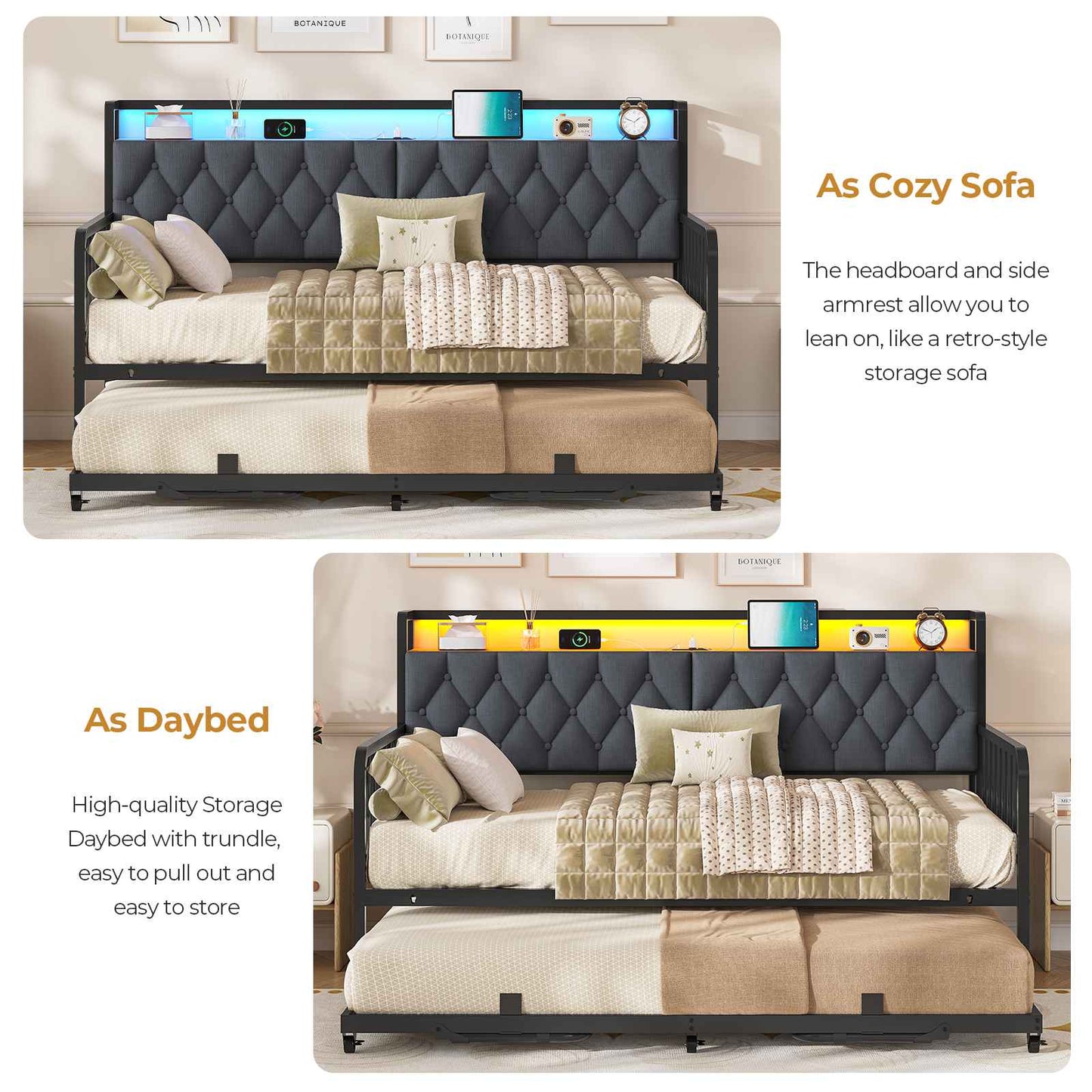 ADORNEVE Daybed with Trundle and Storage Headboard Metal Twin to King Daybed with Charging Station LED Lights and Upholstered