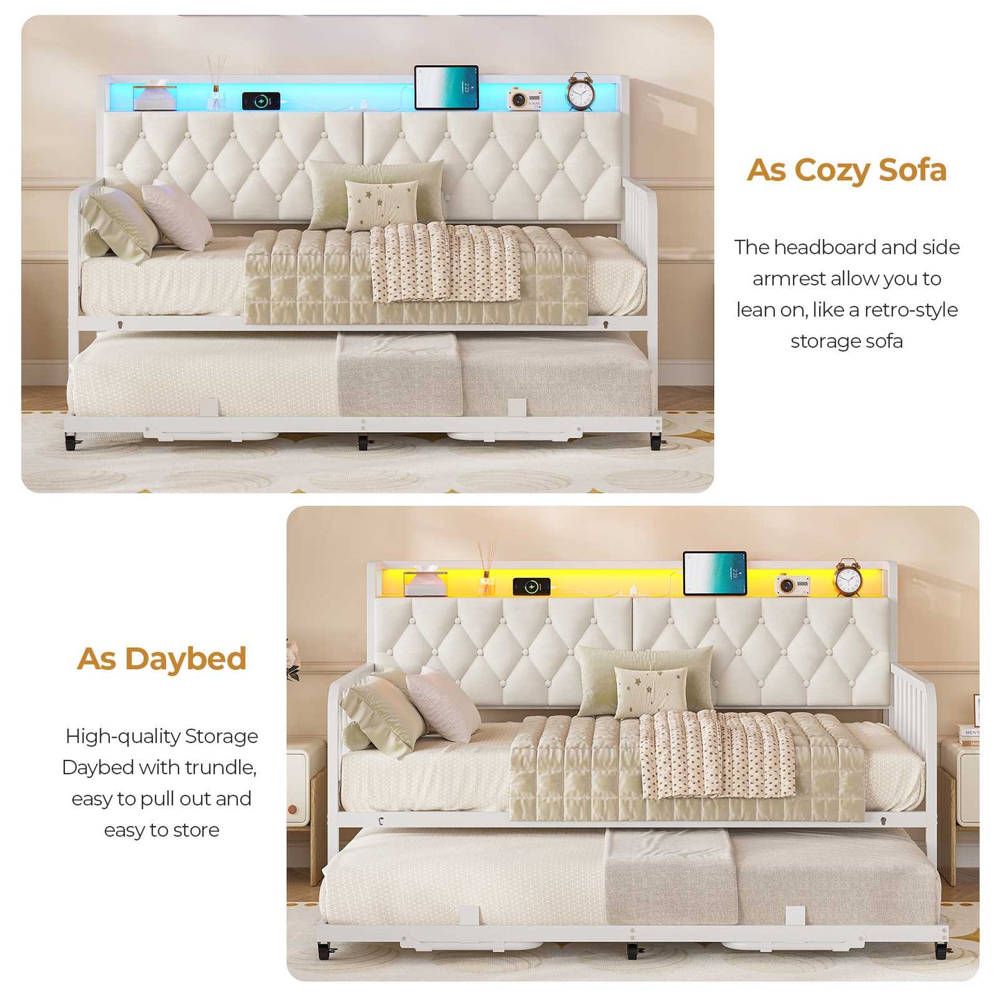 ADORNEVE Daybed with Trundle and Storage Headboard Metal Twin to King Daybed with Charging Station LED Lights and Upholstered