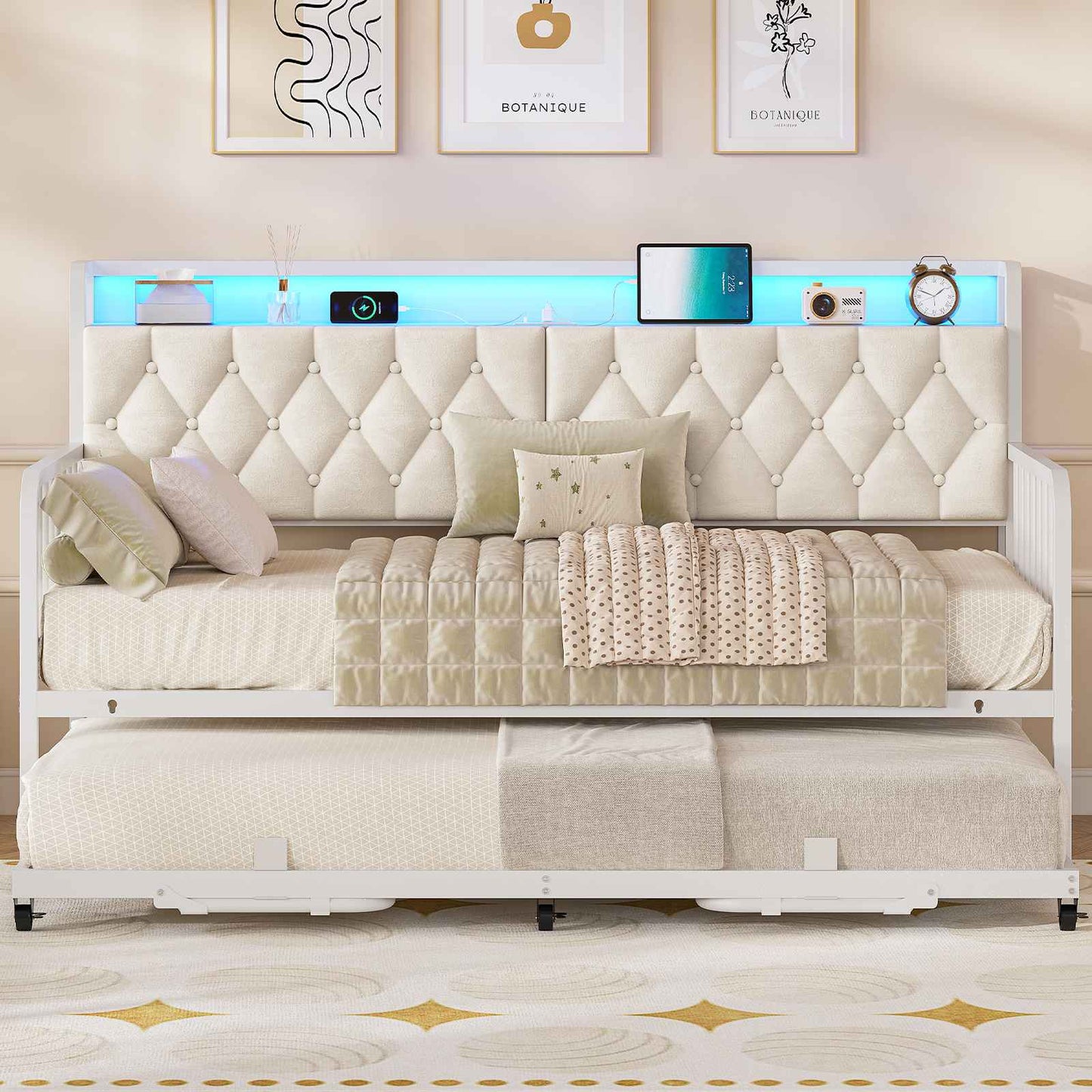 ADORNEVE Daybed with Trundle and Storage Headboard Metal Twin to King Daybed with Charging Station LED Lights and Upholstered