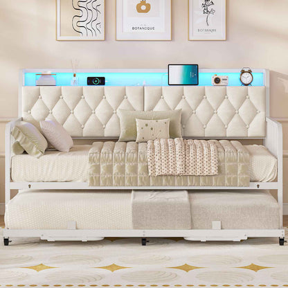 ADORNEVE Daybed with Trundle and Storage Headboard Metal Twin to King Daybed with Charging Station LED Lights and Upholstered