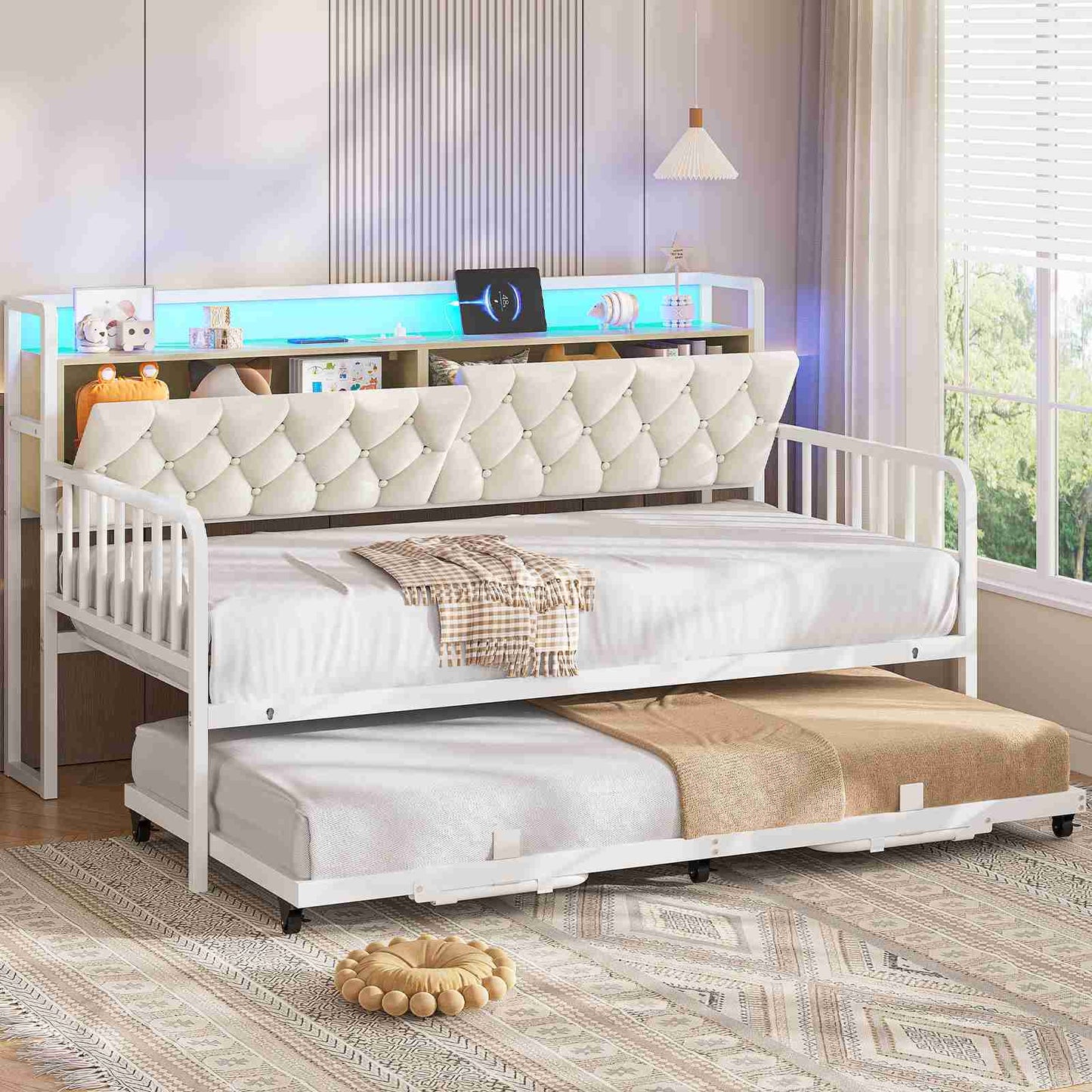ADORNEVE Daybed with Trundle and Storage Headboard Metal Twin to King Daybed with Charging Station LED Lights and Upholstered