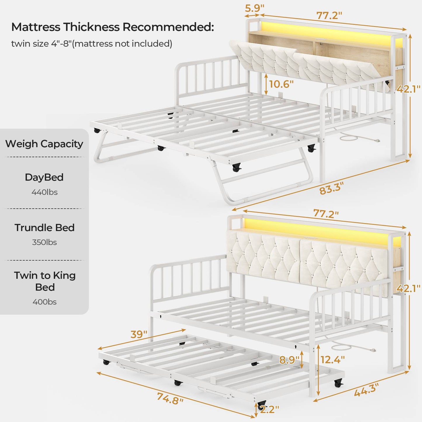 ADORNEVE Daybed with Trundle and Storage Headboard Metal Twin to King Daybed with Charging Station LED Lights and Upholstered