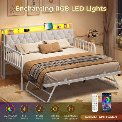 ADORNEVE Daybed with Trundle and Storage Headboard Metal Twin to King Daybed with Charging Station LED Lights and Upholstered