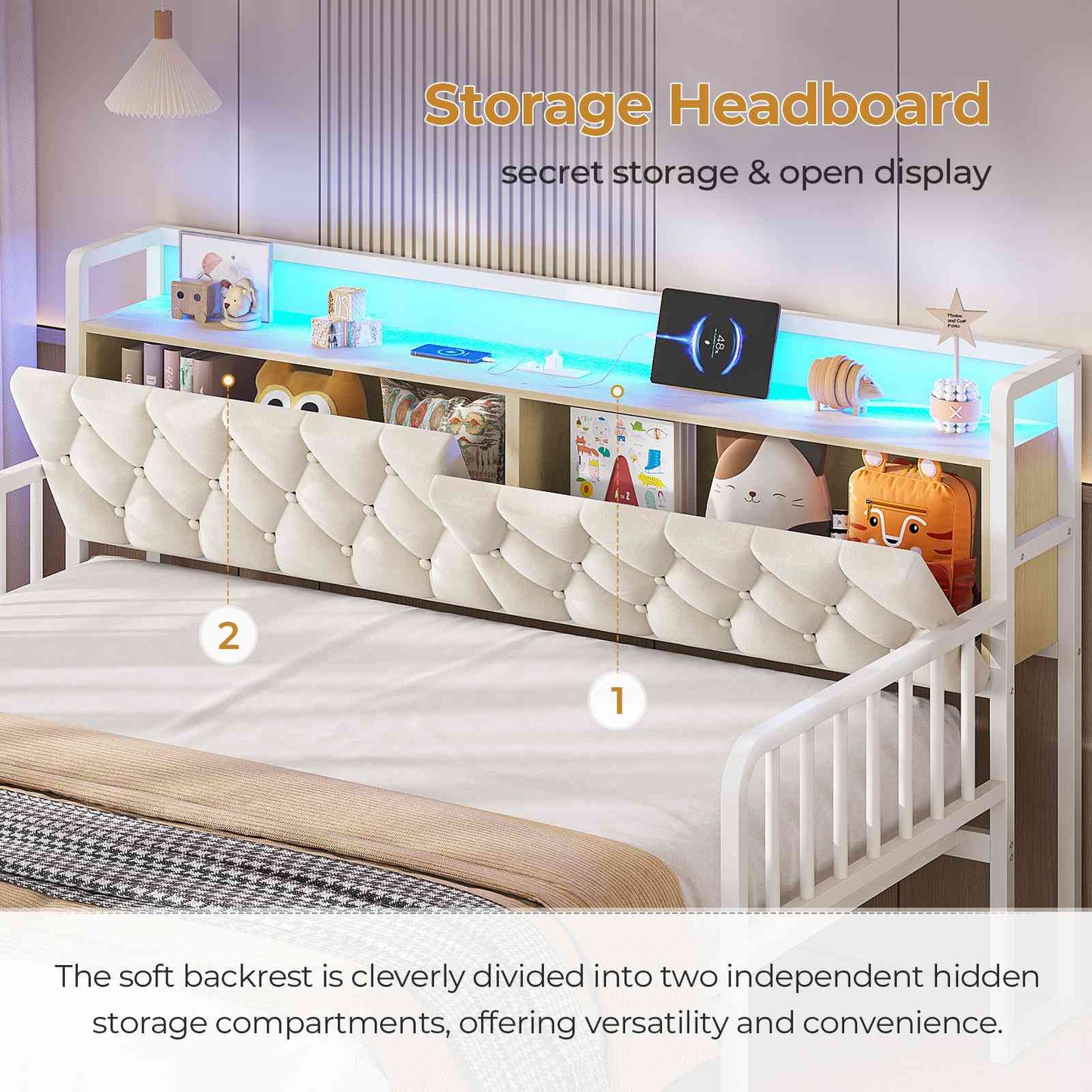 ADORNEVE Daybed with Trundle and Storage Headboard Metal Twin to King Daybed with Charging Station LED Lights and Upholstered