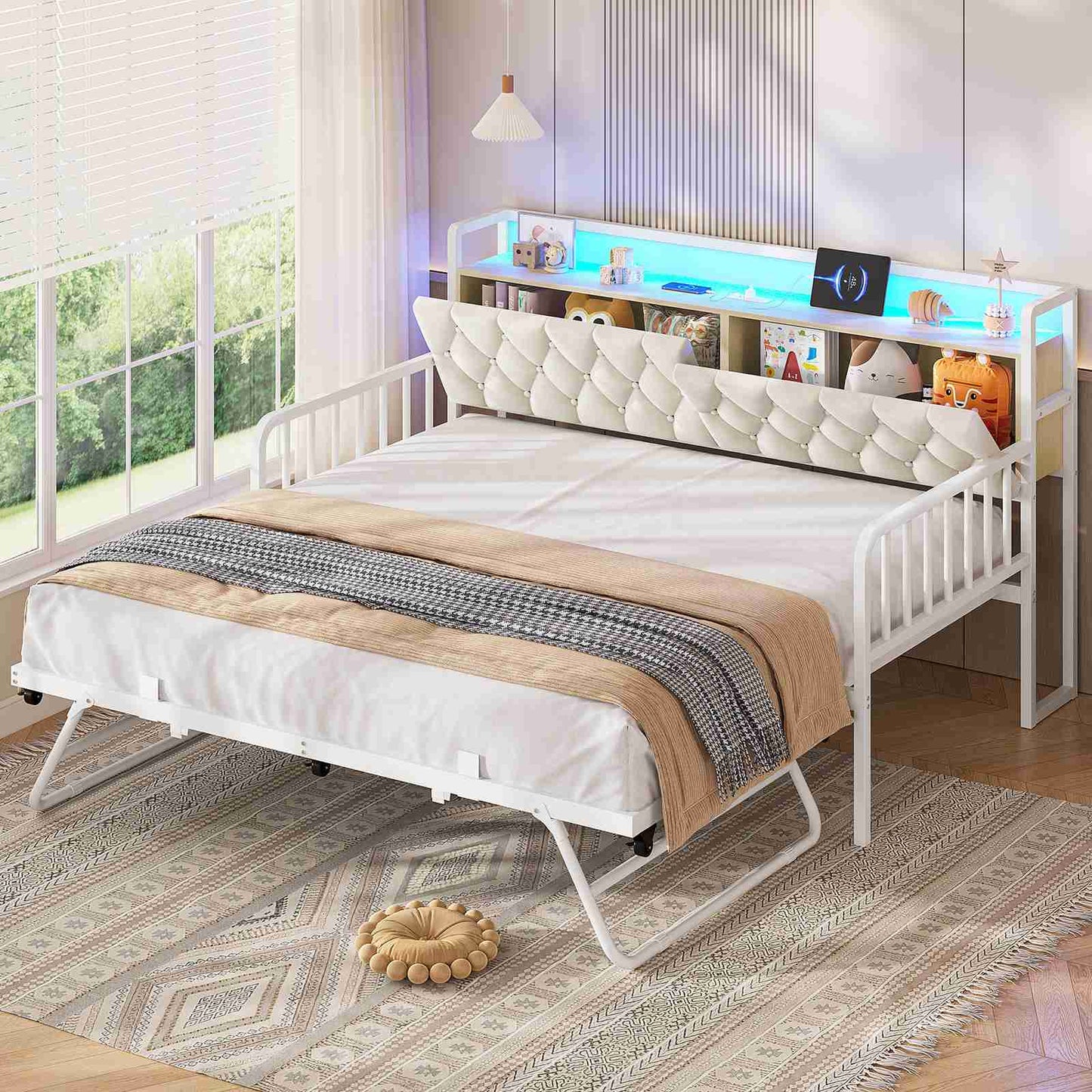 ADORNEVE Daybed with Trundle and Storage Headboard Metal Twin to King Daybed with Charging Station LED Lights and Upholstered