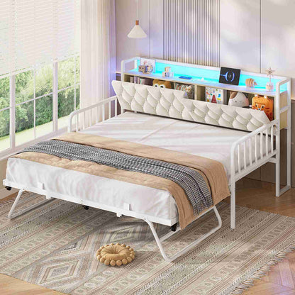 ADORNEVE Daybed with Trundle and Storage Headboard Metal Twin to King Daybed with Charging Station LED Lights and Upholstered
