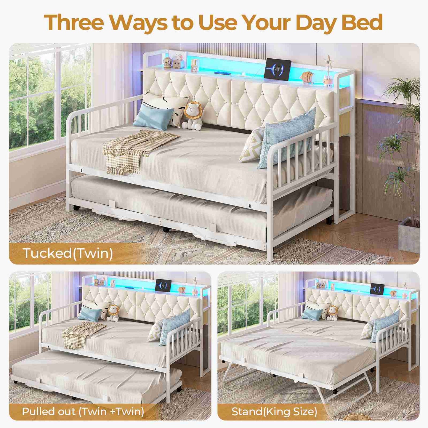ADORNEVE Daybed with Trundle and Storage Headboard Metal Twin to King Daybed with Charging Station LED Lights and Upholstered