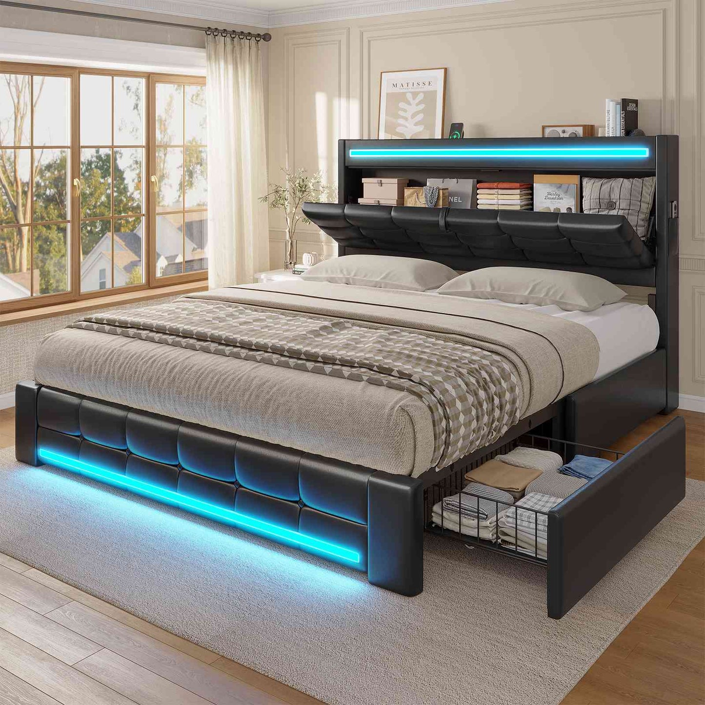 ADORNEVE Bed Frame Full Size with Storage Headboard and 4 Drawers LED Bed Frame with Charging Station and Leather Upholstered Button Tufted