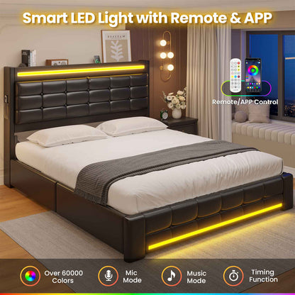 ADORNEVE Bed Frame Full Size with Storage Headboard and 4 Drawers LED Bed Frame with Charging Station and Leather Upholstered Button Tufted