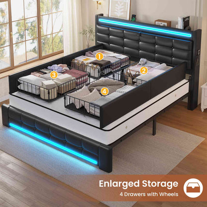ADORNEVE Bed Frame Full Size with Storage Headboard and 4 Drawers LED Bed Frame with Charging Station and Leather Upholstered Button Tufted