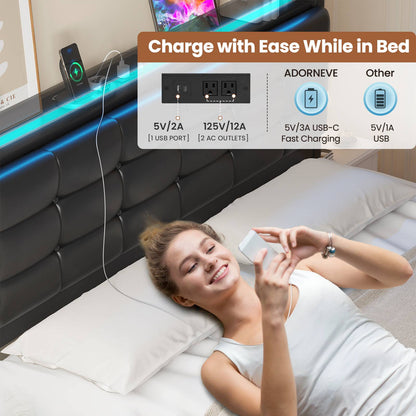 ADORNEVE Bed Frame Full Size with Storage Headboard and 4 Drawers LED Bed Frame with Charging Station and Leather Upholstered Button Tufted