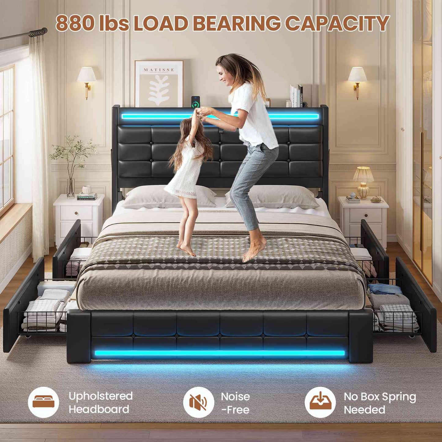 ADORNEVE Bed Frame Full Size with Storage Headboard and 4 Drawers LED Bed Frame with Charging Station and Leather Upholstered Button Tufted