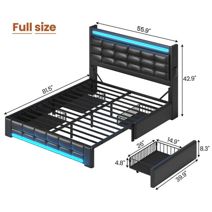 ADORNEVE Bed Frame Full Size with Storage Headboard and 4 Drawers LED Bed Frame with Charging Station and Leather Upholstered Button Tufted