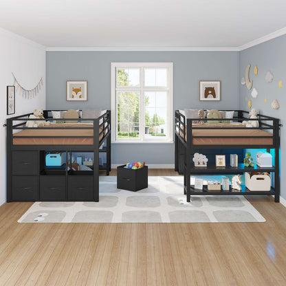 ADORNEVE Low Loft Bed Twin Size with 6 Storage Drawers and Storage Shelves, Metal Kids Loft Bed  with LED Lights and Safety Guard Rail