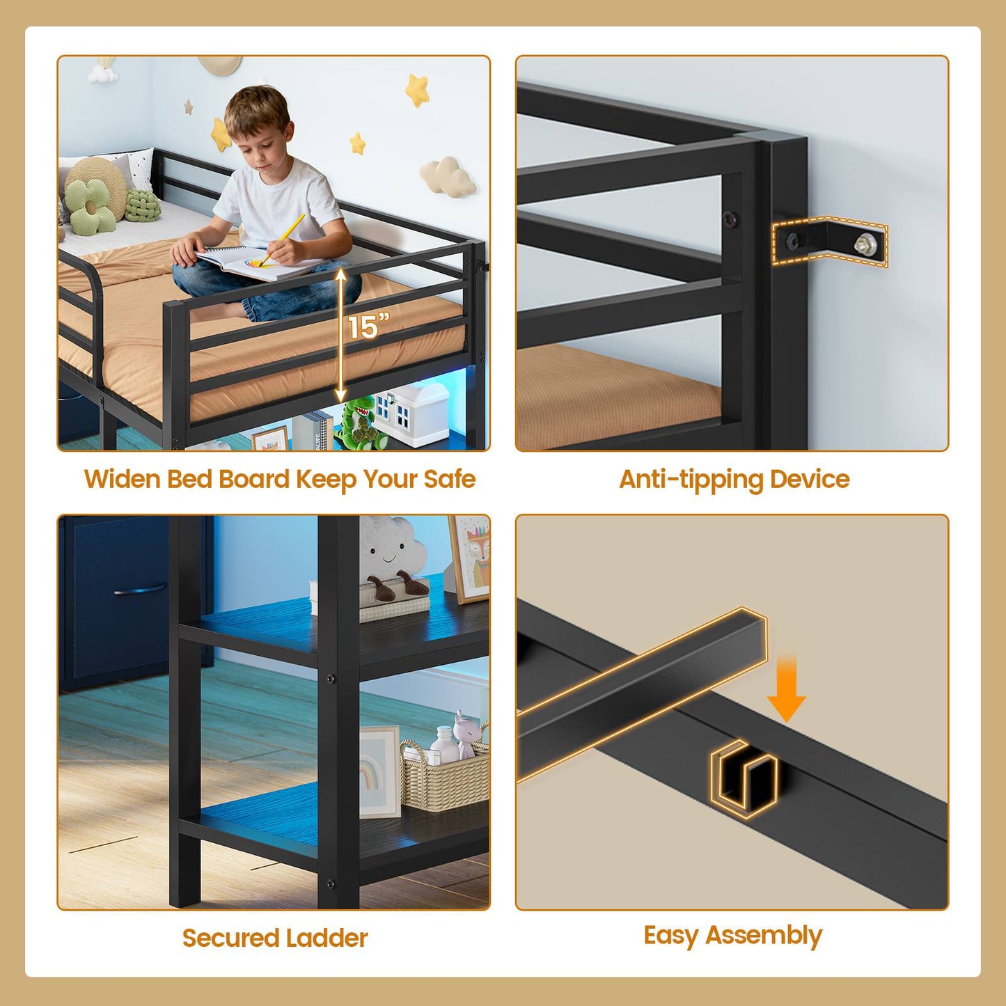 ADORNEVE Low Loft Bed Twin Size with 6 Storage Drawers and Storage Shelves, Metal Kids Loft Bed  with LED Lights and Safety Guard Rail