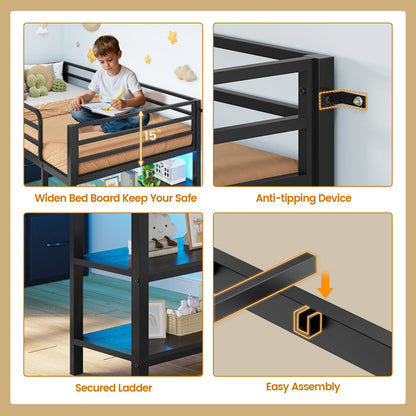 ADORNEVE Low Loft Bed Twin Size with 6 Storage Drawers and Storage Shelves, Metal Kids Loft Bed  with LED Lights and Safety Guard Rail