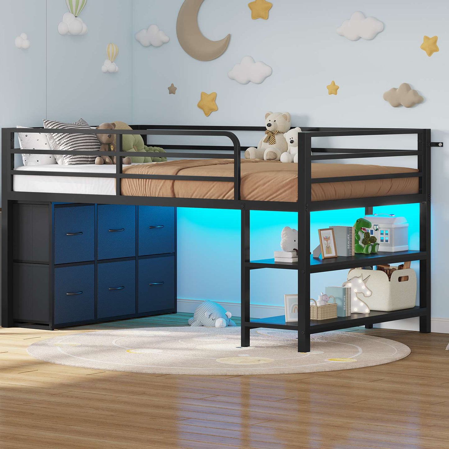 ADORNEVE Low Loft Bed Twin Size with 6 Storage Drawers and Storage Shelves, Metal Kids Loft Bed  with LED Lights and Safety Guard Rail