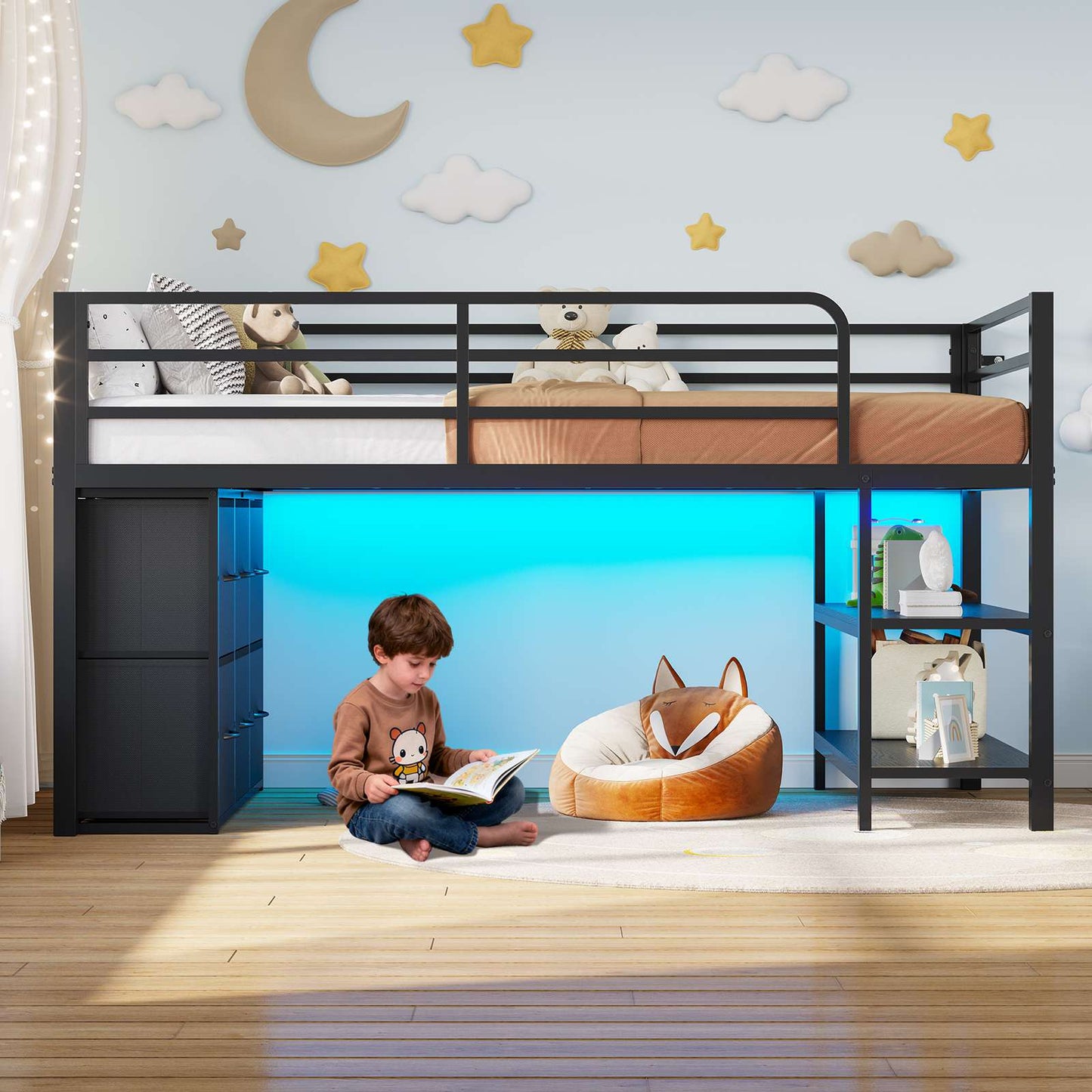 ADORNEVE Low Loft Bed Twin Size with 6 Storage Drawers and Storage Shelves, Metal Kids Loft Bed  with LED Lights and Safety Guard Rail