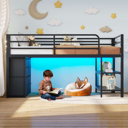 ADORNEVE Low Loft Bed Twin Size with 6 Storage Drawers and Storage Shelves, Metal Kids Loft Bed  with LED Lights and Safety Guard Rail