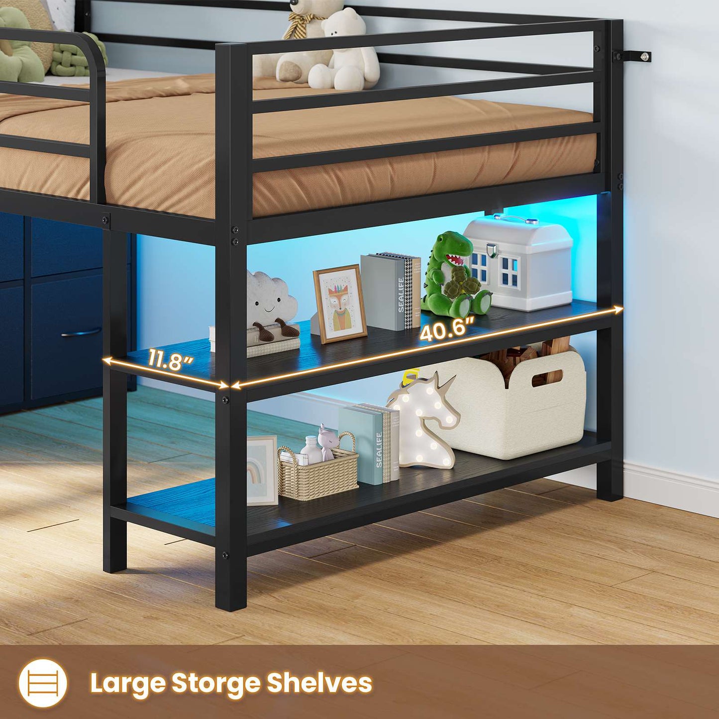 ADORNEVE Low Loft Bed Twin Size with 6 Storage Drawers and Storage Shelves, Metal Kids Loft Bed  with LED Lights and Safety Guard Rail
