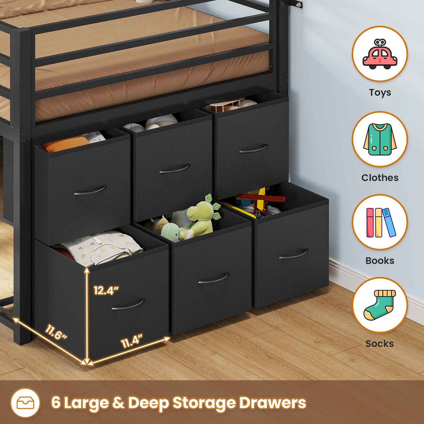 ADORNEVE Low Loft Bed Twin Size with 6 Storage Drawers and Storage Shelves, Metal Kids Loft Bed  with LED Lights and Safety Guard Rail