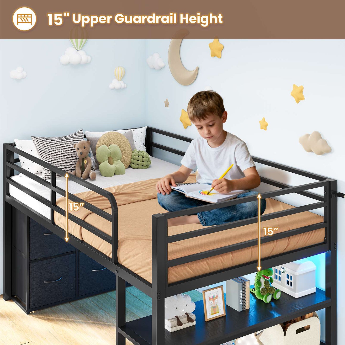 ADORNEVE Low Loft Bed Twin Size with 6 Storage Drawers and Storage Shelves, Metal Kids Loft Bed  with LED Lights and Safety Guard Rail
