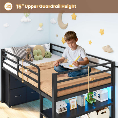 ADORNEVE Low Loft Bed Twin Size with 6 Storage Drawers and Storage Shelves, Metal Kids Loft Bed  with LED Lights and Safety Guard Rail