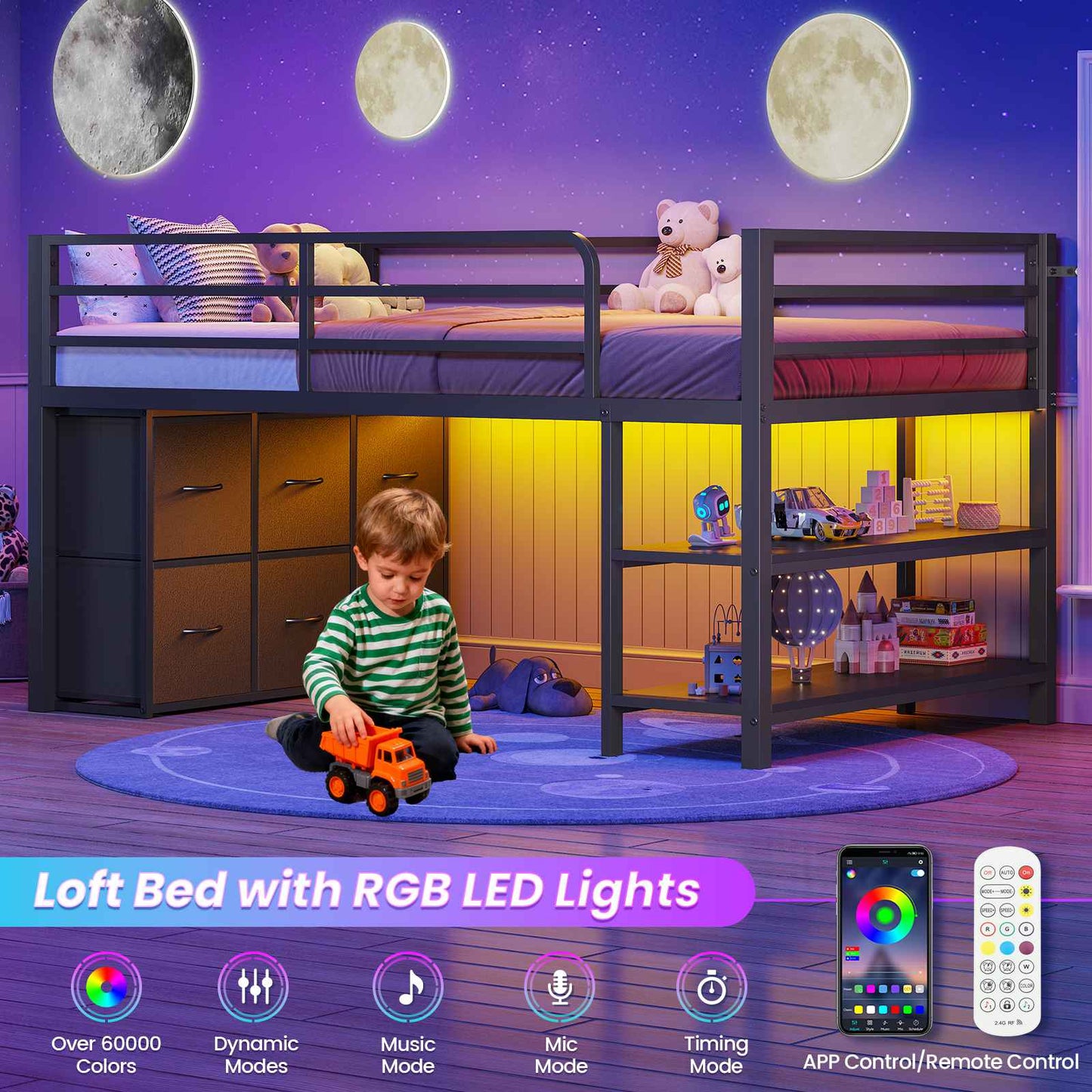 ADORNEVE Low Loft Bed Twin Size with 6 Storage Drawers and Storage Shelves, Metal Kids Loft Bed  with LED Lights and Safety Guard Rail