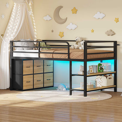ADORNEVE Low Loft Bed Twin Size with 6 Storage Drawers and Storage Shelves, Metal Kids Loft Bed  with LED Lights and Safety Guard Rail